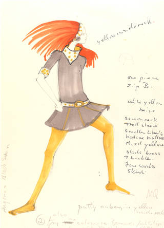 Design sketch for a grey Quant dress with yellow tights and belt