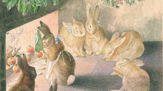 The Rabbits' Christmas Party: Roasting Apples, by Beatrix Potter, about 1892, watercolour and pen and ink on paper. Museum no. BP.1471(c), Linder Bequest cat. no. LB.1005. © Victoria and Albert Museum, London