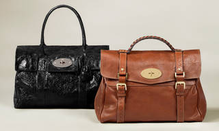 Left: Black slightly shiny handbag with handle and silver closure. Right: Brown handbag with plaited handle and buckles