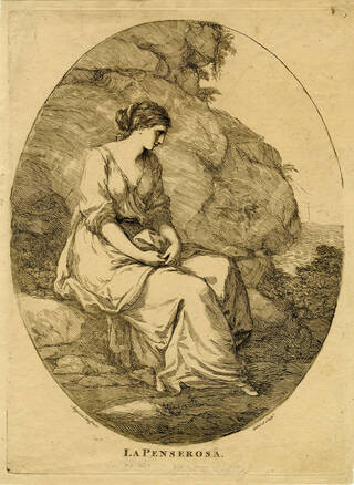 A young woman sitting on rocks on the sea-shore, wearing a simple gown, her hair dressed with a scarf, her hands in her lap