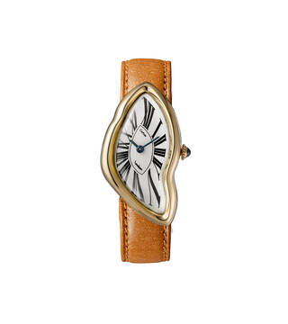 watch with brown strap and face surround in gold that looks like its melting or squashed